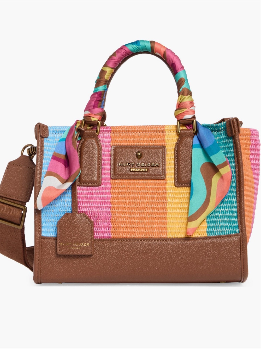 Kurt Geiger Multicolor Straw & Leather Satchel with Brown Trim